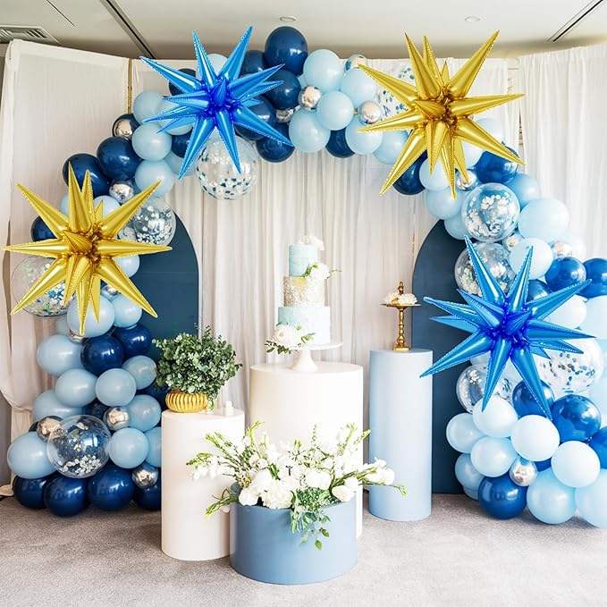 6PCS Star Balloons, 22Inch Large Blue Gold Star Balloon Explosion Foil Balloons Cone Spike Balloon for Birthday Graduation Wedding Anniversary Party Backdrops Decorations