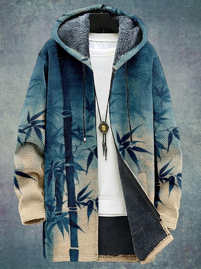 2025 Men's Ethnic Pattern Hooded Jacket Long Cardigan Hoodies Full Zip Vintage Knitted Zipper Coat with Pocket