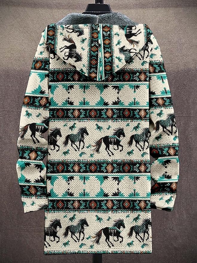 2025 Men's Ethnic Pattern Hooded Jacket Long Cardigan Hoodies Full Zip Vintage Knitted Zipper Coat with Pocket