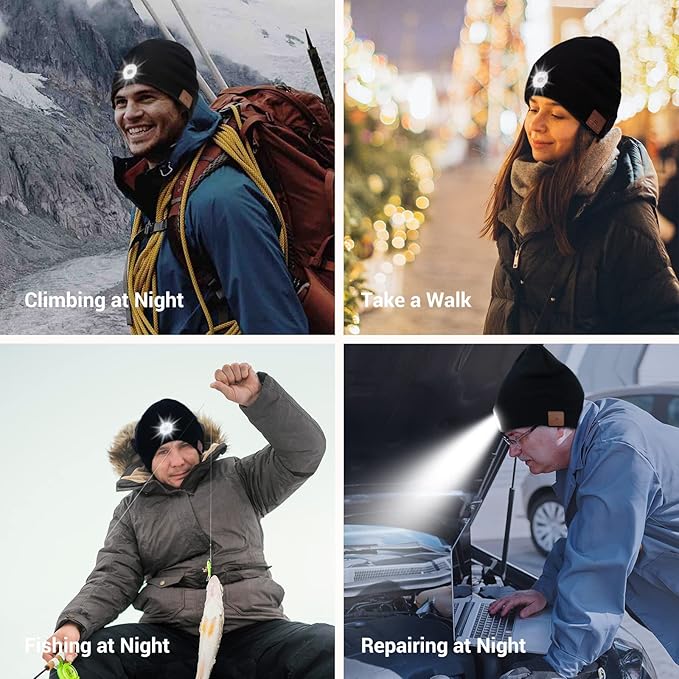 Bluetooth Beanie with Light, HD Stereo Sound, USB Rechargeable Headlamp for Hiking Fishing, Gift for Men Women Teen
