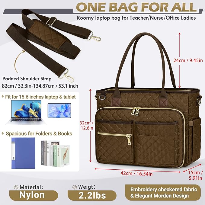 RAINSMORE Teacher Tote Bag 15.6 inch Laptop Bag for Women Work Bags Laptop Tote Nurse Bag Professional Computer Messenger with Insulated Pocket, Laptop Briefcase for Office, College, Nursing, Coffee
