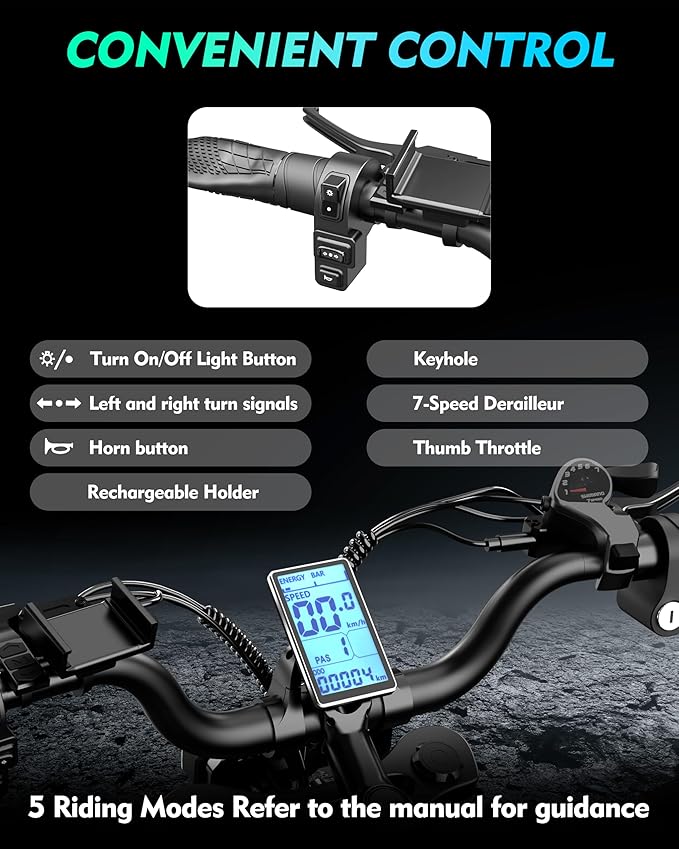 Electric Bike for Adults, 16"/20" Fat Tire Dirt EBike, Peak 1200W/1500W Motor, 48V Removable Battery, Up to 31/34MPH & 80 Miles, Dual Disc Brakes, 7-Speed Gear, Off-Road & City Commuting
