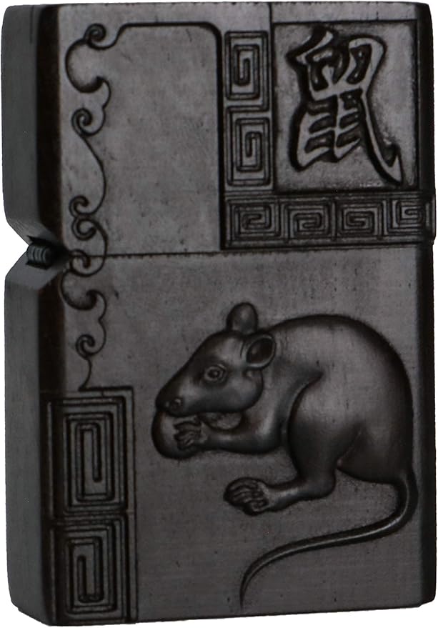 Natural Ebony Black Wood Carved Lighter Shell Box For Zippo Module (Zodiac Mouse)