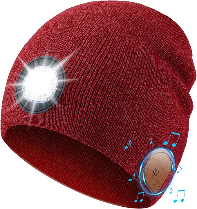 Bluetooth Beanie with Light, HD Stereo Sound, USB Rechargeable Headlamp for Hiking Fishing, Gift for Men Women Teen