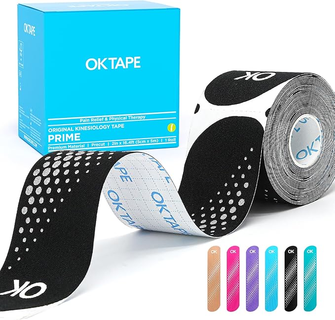 OK TAPE Synthetic Kinesiology Tape Precut Strips, Waterproof Kinesiology Athletic Tape for Joint & Muscle Support, Reflective and Durable Tape, 2in×16.4ft Roll 20PCS, Black