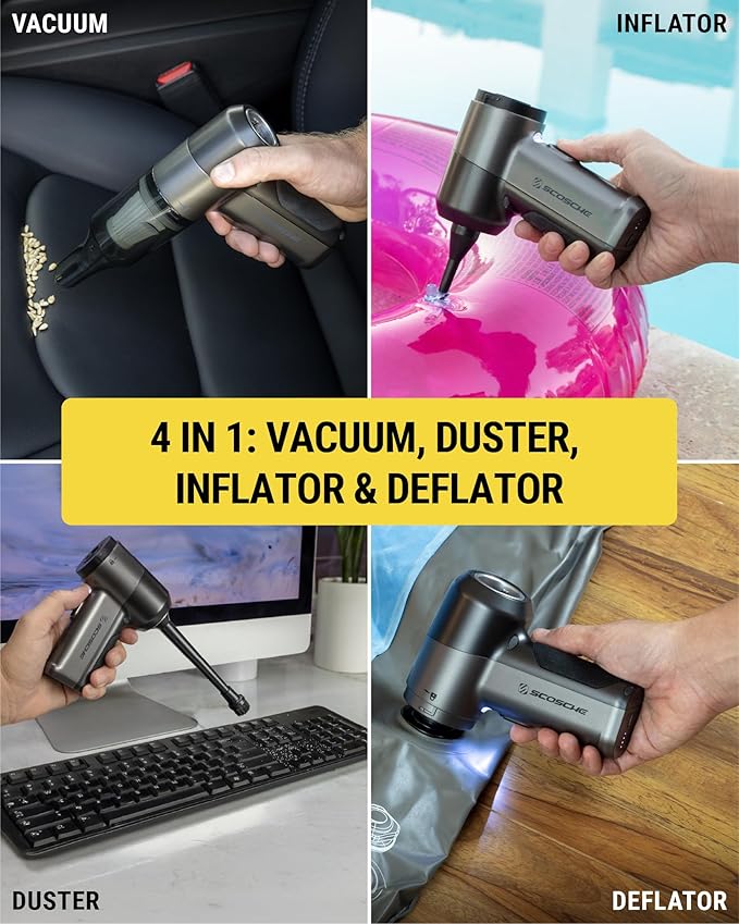 Scosche SCOVAC Cordless Handheld Vacuum Cleaner with Inflator, Deflator & Air Duster, 4-in-1 Small, High Power, Rechargeable and Portable Hand Held Vacuum for Car, Home, Office, Pet Hair