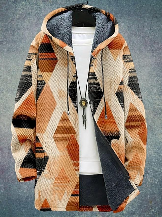 2025 Men's Ethnic Pattern Hooded Jacket Long Cardigan Hoodies Full Zip Vintage Knitted Zipper Coat with Pocket