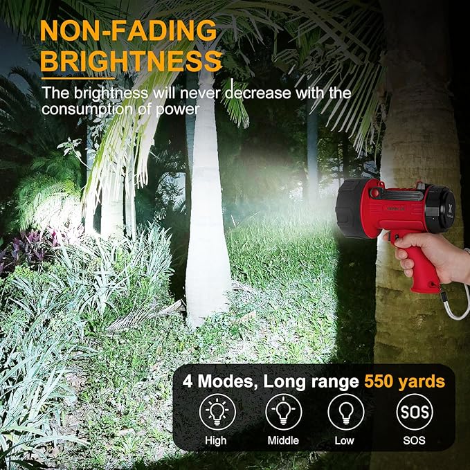 YIERBLUE Rechargeable Spotlight Flashlight with 100,000 High Lumen LED, IP67 Waterproof Long Running Spot Light searchlight, Impact Resistant Handheld Spotlight with Foldable Stand and Red Lens