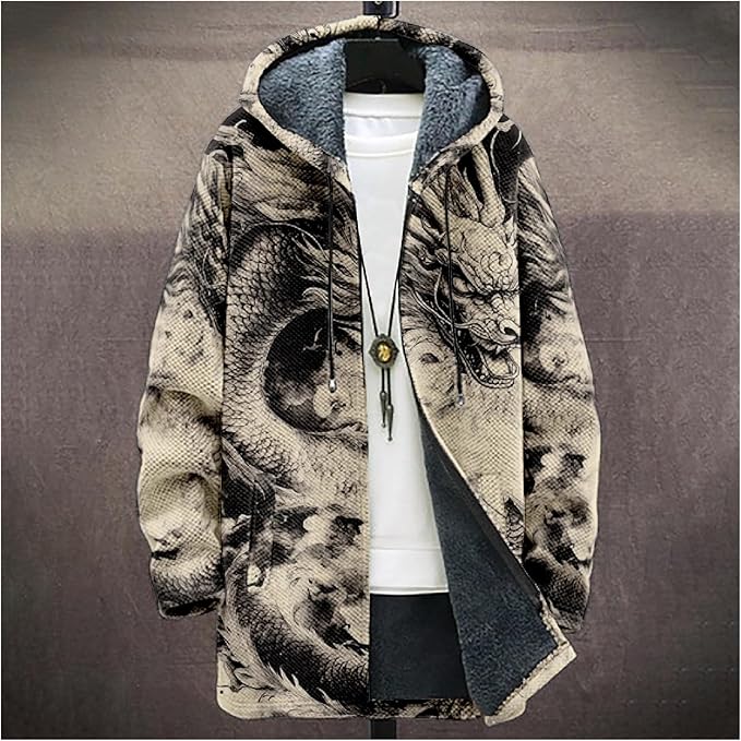 Mens Hooded Cardigan Japanese Art Zip Up Long Sleeve Sweater Hoodie Dragon Print Coat with Pockets