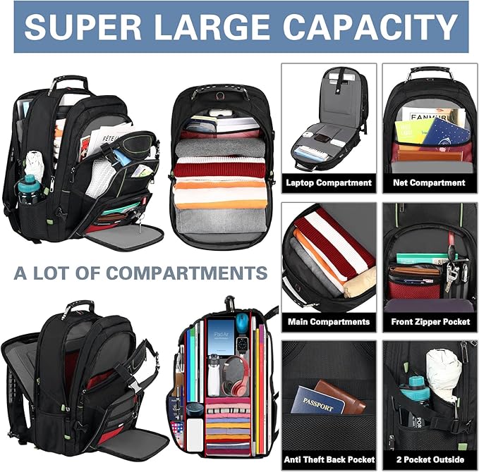 Travel Laptop Backpack,Extra Large 18.4 Inch Laptop RFID Anti Theft TSA Friendly Backpack with USB Charging Port,Water Resistant Backbag,Heavy Duty Computer Bag for Women Men,21.2*15.5*11.5 inch Green