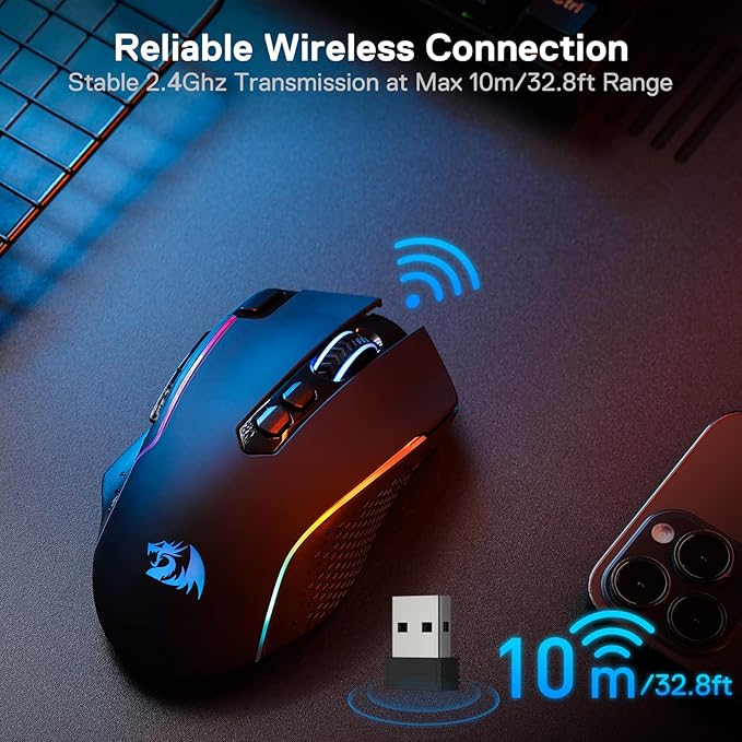 Redragon M810 Pro Wireless Gaming Mouse, 10000 DPI Wired/Wireless Gamer Mouse w/Rapid Fire Key, 8 Macro Buttons, 45-Hour Reliable Power Capacity and RGB Backlit for PC/Mac/Laptop
