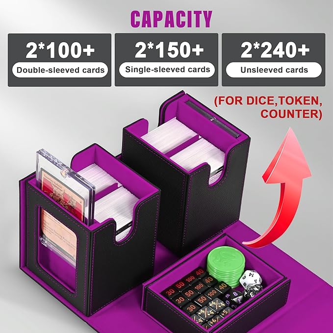 Kabinka Deck Box for MTG with Commander Display, 3 in 1 Trading Card Storage Box Fit 200 Double-sleeved Cards, Removable Deck Case for TCG/Sports Cards with 2 Magnetic Card Holders (Black Purple)
