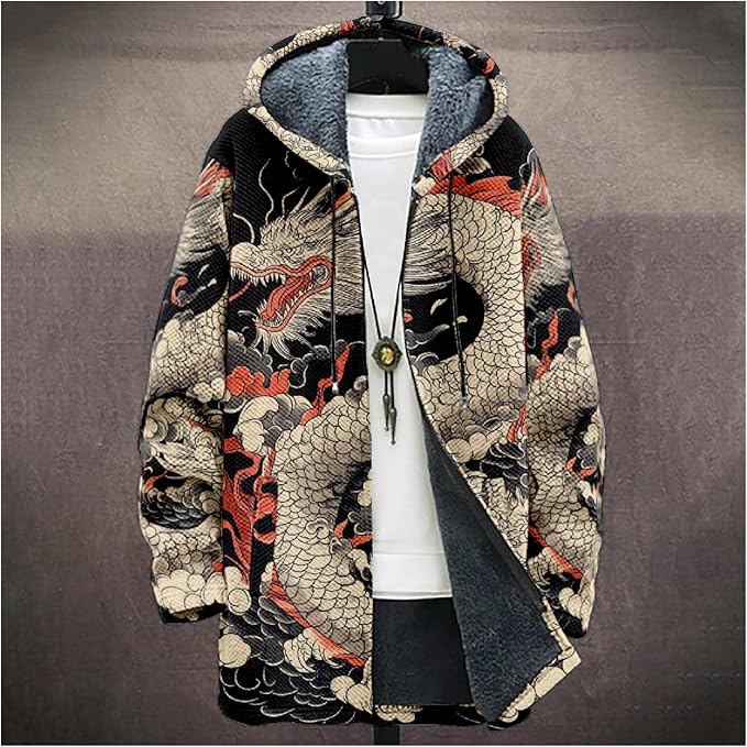 Mens Hooded Cardigan Japanese Art Zip Up Long Sleeve Sweater Hoodie Dragon Print Coat with Pockets