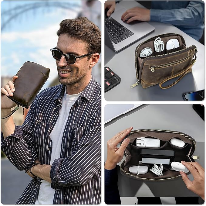 Top Grain Leather Text Custom Electronic Organizer Zipper Bag Tech Pouch, Handmade, Portable Compact Travel Storage Cases for Phone, USB Cables, Power Banks, Chargers, Hard Drive