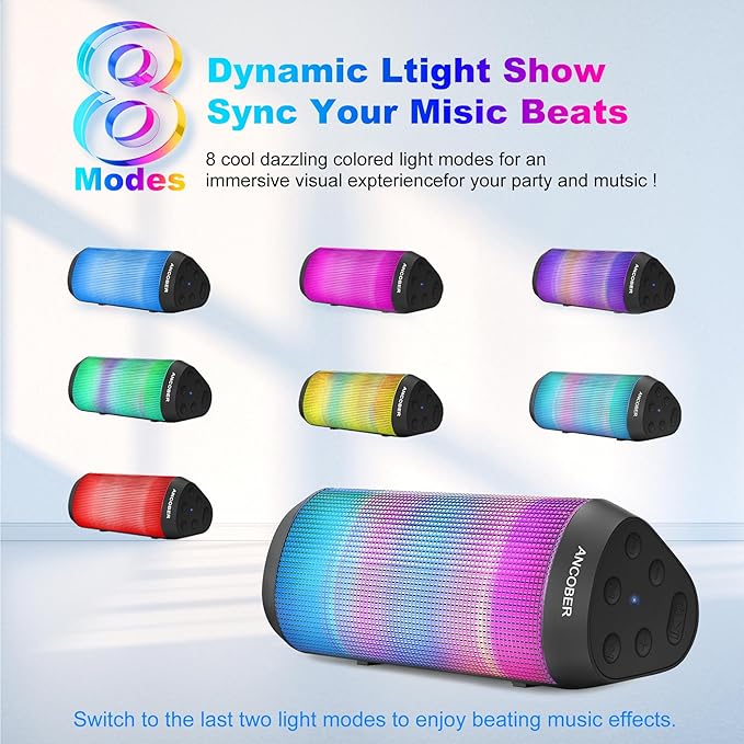 Bluetooth Speaker with Lights, Portable Wireless, Powerful Stereo Sound, IPX4 Waterproof, Up to 24H Playtime, TWS Surround Pair, BT5.3,for Home/Outdoor/Party/Camping, Electronic Gadgets, Birthday Gift