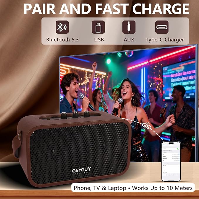 GDSK-4 Portable Bluetooth Speaker, Retro Wireless Speaker with Dual 4″ Drivers, Balanced Sound for Podcasts & Daily Listening, USB-C Charging, AUX/USB, Home & Office Desktop Wooden Speaker