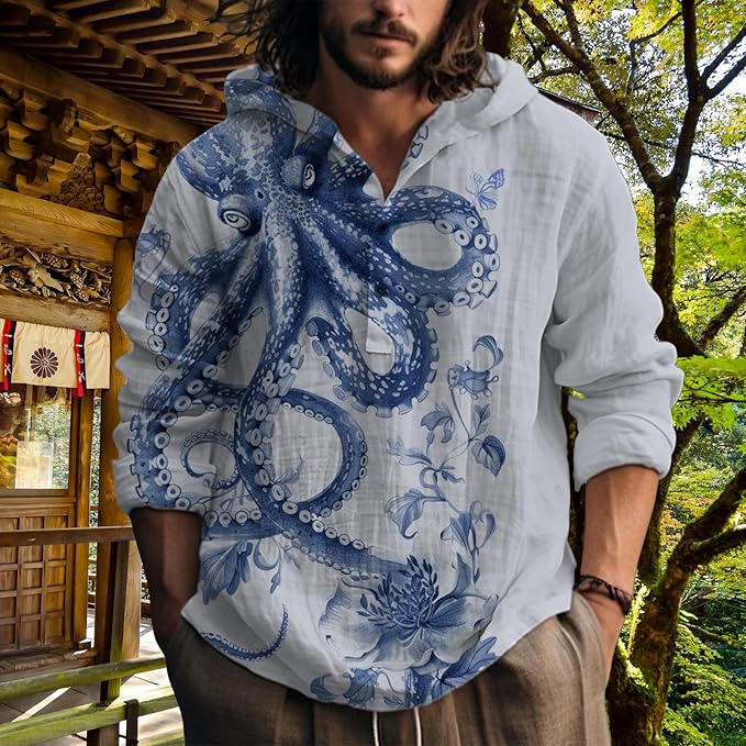 MARSVOVO Hooded Long Sleeve Shirt Men Fashion Graphic Button Up Lightweight Big and Tall Casual Vacation Shirts for Men