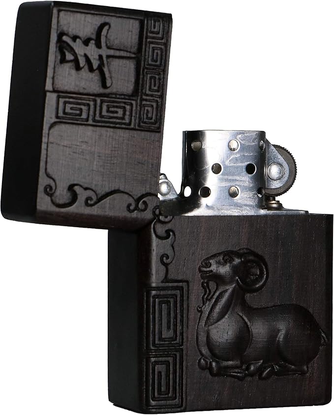 Natural Ebony Black Wood Carved Lighter Shell Box For Zippo Module (Zodiac Sheep)