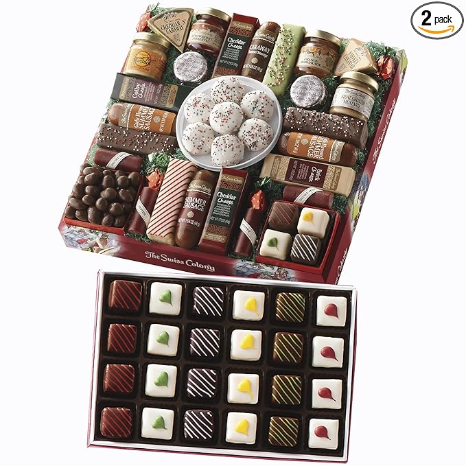 The Swiss Colony 27 Favorites and Christmas Petits Fours Gift Bundle - Assorted Cheeses, Candies, Chocolates, and Summer Sausage Meats, Chocolate Confection and Swiss Creme Gourmet Mini Layer Cakes