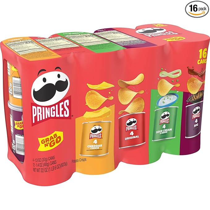 Pringles Potato Crisps Chips, Lunch Snacks, Office and Kids Snacks, Grab N' Go, Variety Pack (16 Cans)