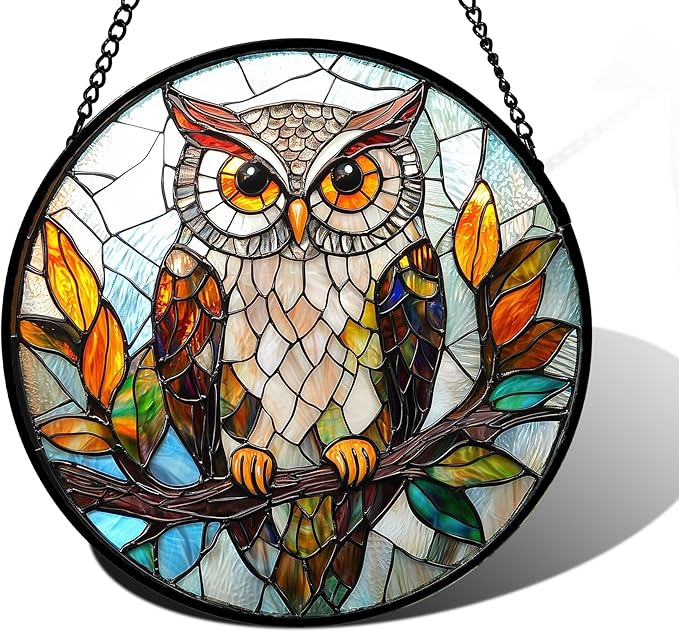 Stained Glass Window Hanging, Owl Colorful Leaves Birds Sun Catchers Diamond Glass Panel Hangings Suncatcher Decor for Birthday for Women, Men, Wife, Aunt, and Mom 6.3 in