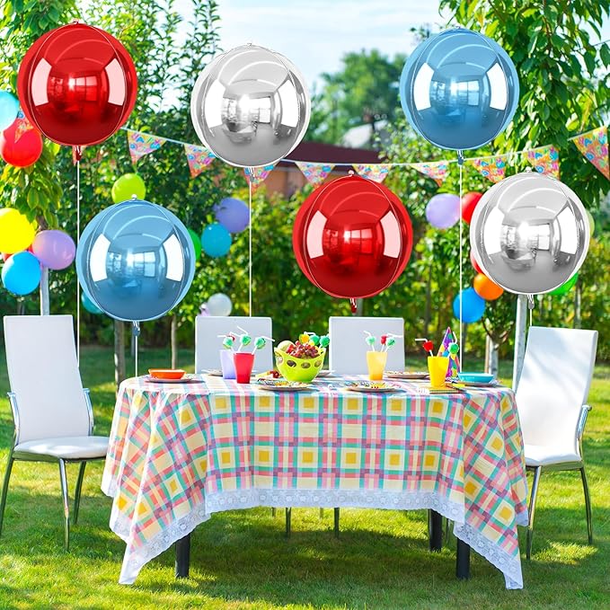 6Pcs Red Blue Silver Round Foil Balloons, 22inch 4D Metallic Balloons, Large Round Foil Ball Balloon for Birthday Graduation 4th of July, Independence Day USA Patriotic Party Decoration