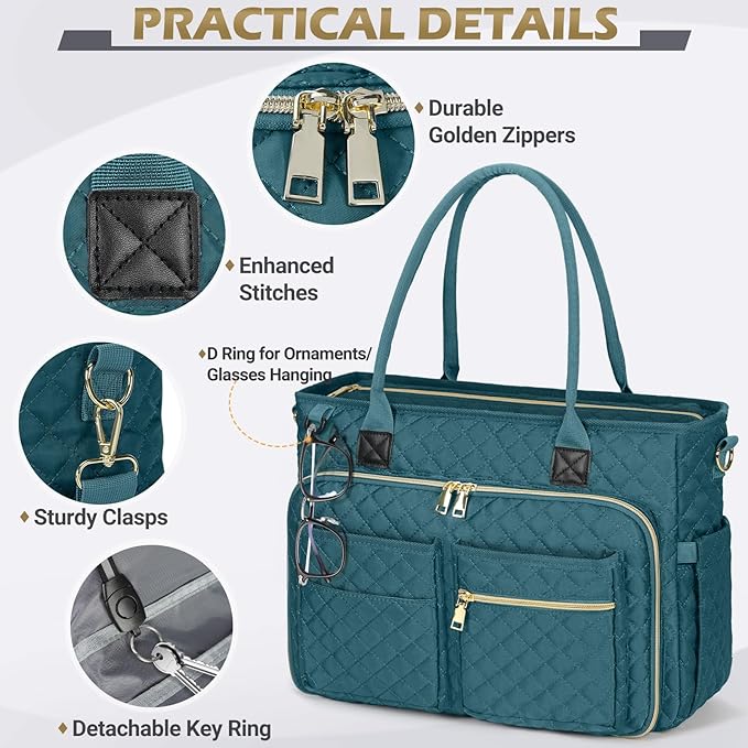 RAINSMORE Teacher Tote Bag 17.3 inch Laptop Bag for Women Work Bags Laptop Tote Nurse Bag Professional Computer Messenger with Insulated Pocket Briefcase, Teal