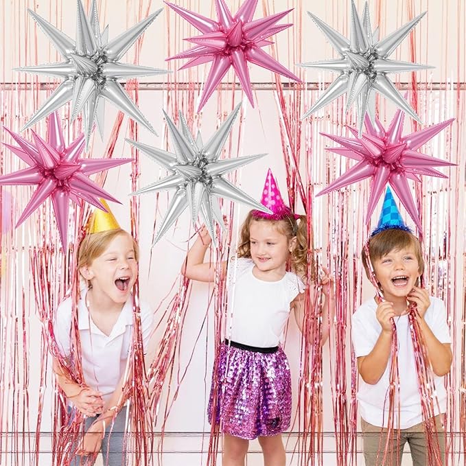 6PCS Star Balloons, 22Inch Large Pink Silver Star Balloon Explosion Foil Balloons Cone Spike Balloon for Birthday Graduation Wedding Anniversary Party Backdrops Decorations
