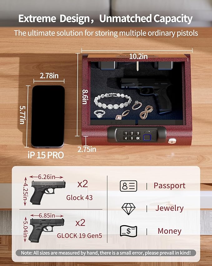Gun Safe,Biometric Gun Safe for Pistols 3-Ways unlock Fingerprint Digital PIN Key Unlock with Voice,Lock box for Cloakroom living room Bedroom Nightstand and Car BILLCONCH - Burgundy Red