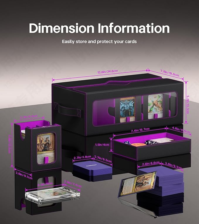 Kabinka MTG Commander Deck Box, 6-Deck Modular Card Case with 100 PCS Card Sleeves, Dice Tray - Holds 600+ Double-Sleeved Cards, 35PT Magnetic Holders for TCG/EDH (Black Purple)