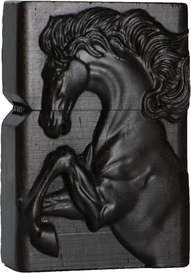 Natural Ebony Black Wood Carved Lighter Shell Box For Zippo Module (Succeed Horse)