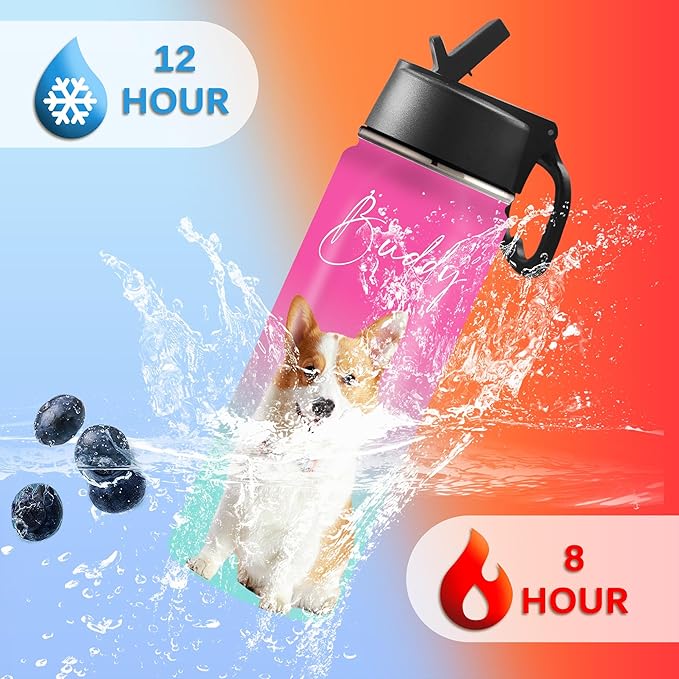 Personalized Photo Water Bottles, 18oz/32oz Custom Pictures Stainless Steel Insulated Sport Water Bottle with Straw Lid & Handle, Customized Cup Gifts for Men Women Birthday Anniversary Christmas