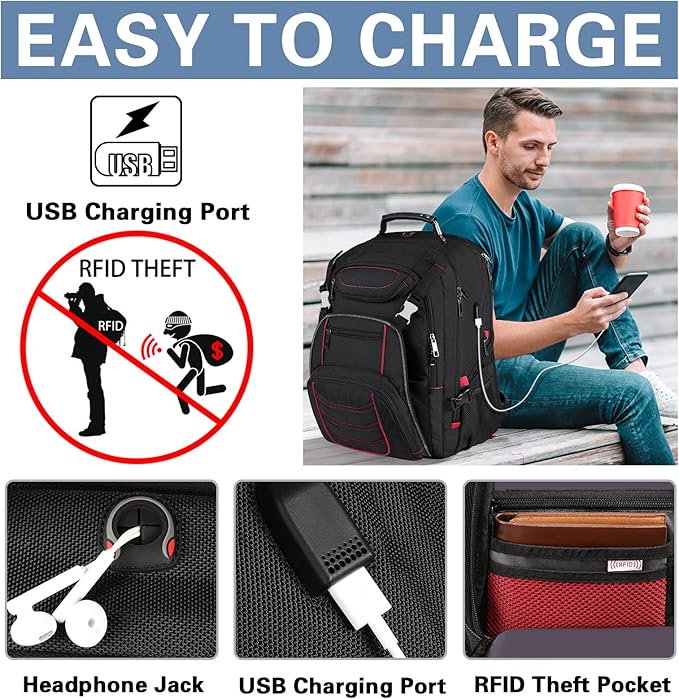 18.4 Laptop Backpack for Men, Extra Large Gaming Laptops Backpack with USB Charger Port, TSA Friendly Big Capacity Heavy Duty Travel Computer Bag RFID Anti-theft Pocket Backbag,21.2*15.5*11.5inch Red