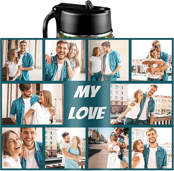 Personalized Photo Water Bottles, 18oz/32oz Custom Pictures Stainless Steel Insulated Sport Water Bottle with Straw Lid & Handle, Customized Cup Gifts for Men Women Birthday Anniversary Christmas