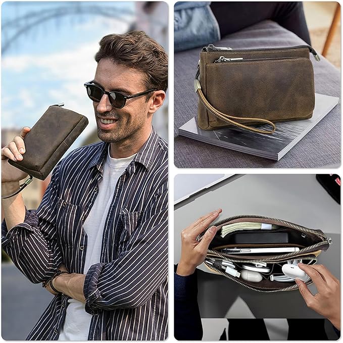 Top Grain Leather Text Custom Electronic Organizer Zipper Bag Tech Pouch, Handmade, Portable Compact Travel Storage Cases for Phone, USB Cables, Power Banks, Chargers, Hard Drive