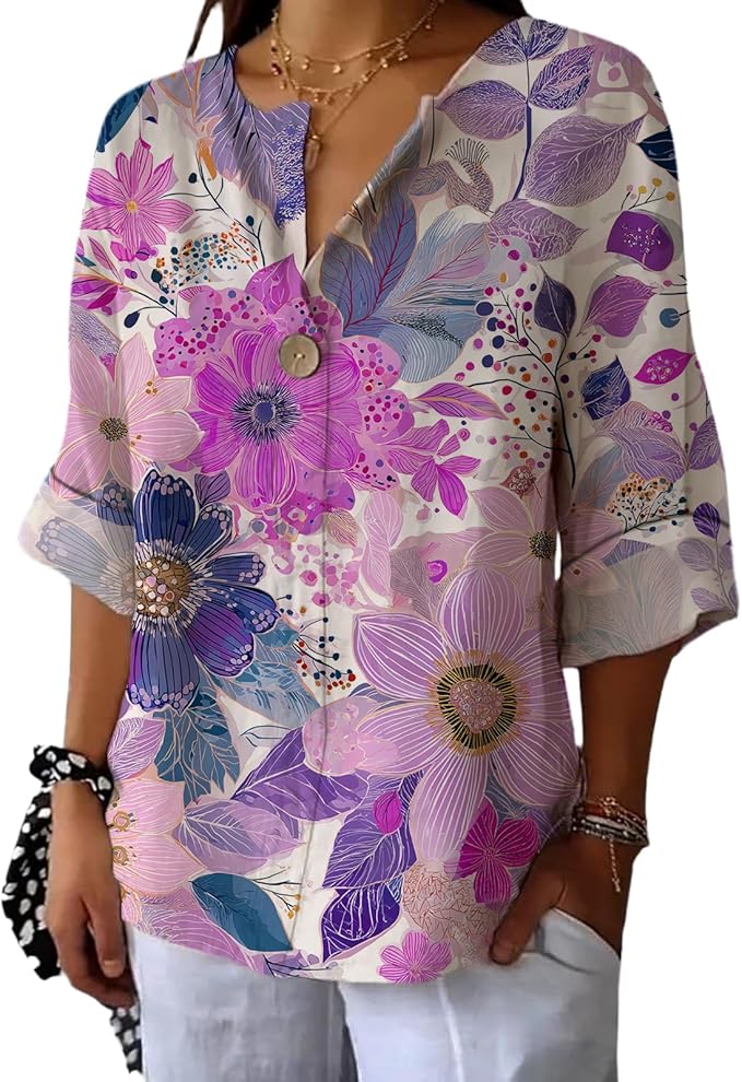 Fashion Shirts for Women Loose Fit Button Down V Neck Blouse 3/4 Sleeves Casual Tunic Tops Summer Outfits