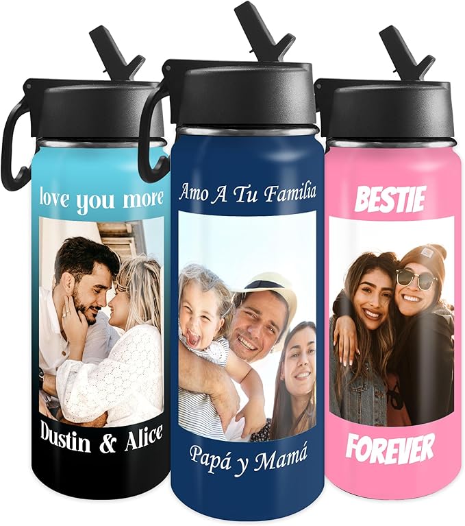 Personalized Photo Water Bottles, 18oz/32oz Custom Pictures Text Stainless Steel Insulated Sport Water Bottle with Straw Lid & Handle, Customized Cup Gifts for Men Women Birthday Anniversary Christmas