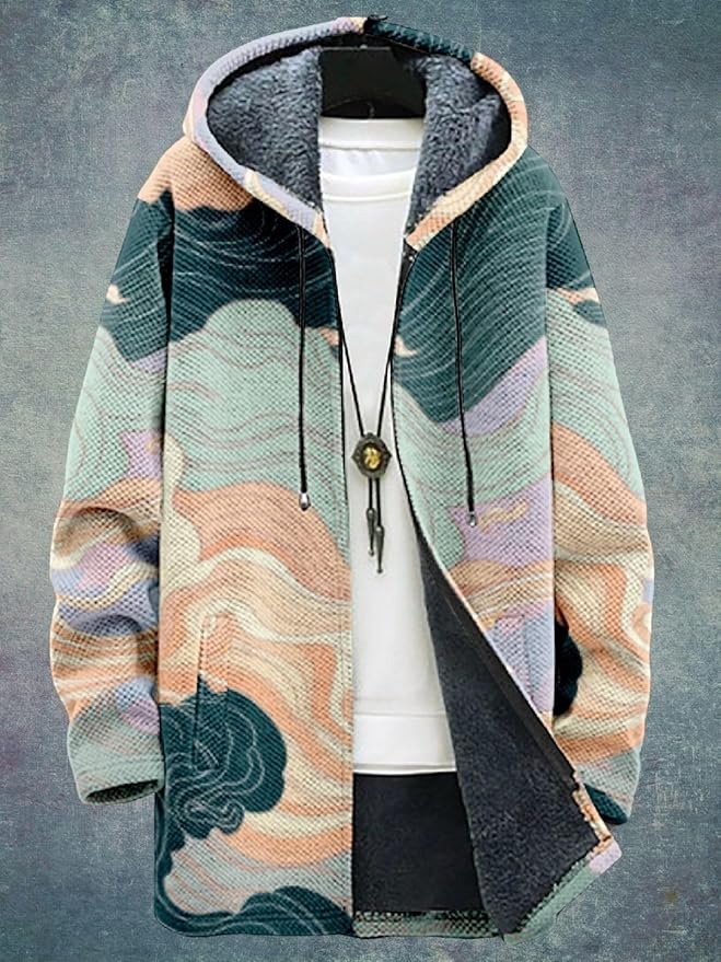 2025 Men's Ethnic Pattern Hooded Jacket Long Cardigan Hoodies Full Zip Vintage Knitted Zipper Coat with Pocket