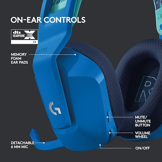 Logitech G733 Lightspeed Wireless Gaming Headset, Suspension Headband, Lightsync RGB, Blue VO!CE Mic, PRO-G Audio – Blue, Gaming Headset Wireless, PC, PS5, PS4, Switch Compatible