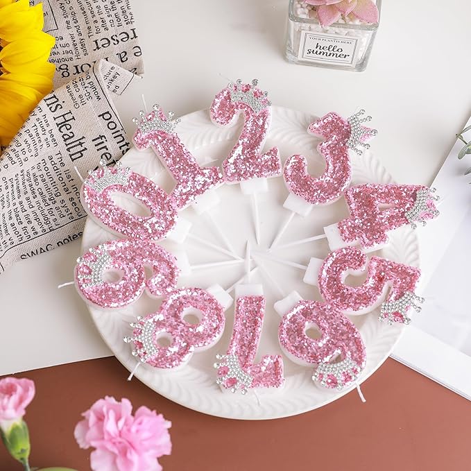 Birthday Number Candles,Pink Crown Birthday Candles for Cake,Glitter Number 9 Candle Cake Topper with Sequins for Girls,Women, Anniversary Celebrations Supplies (Pink 9)