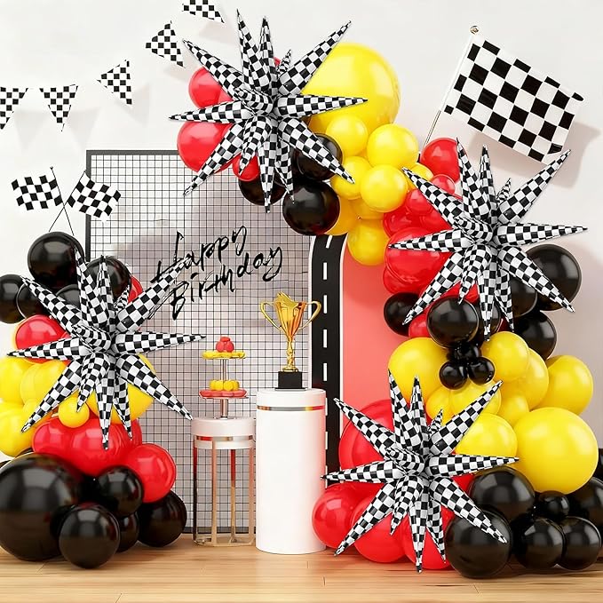 6PCS Checkered Star Balloons, 22 Inch Large Black and White Star Foil Balloons for Racing Themed Birthday Wedding Anniversary Party Backdrops Decorations