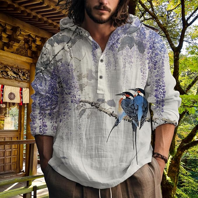 MARSVOVO Hooded Long Sleeve Shirt Men Fashion Graphic Button Up Lightweight Big and Tall Casual Vacation Shirts for Men