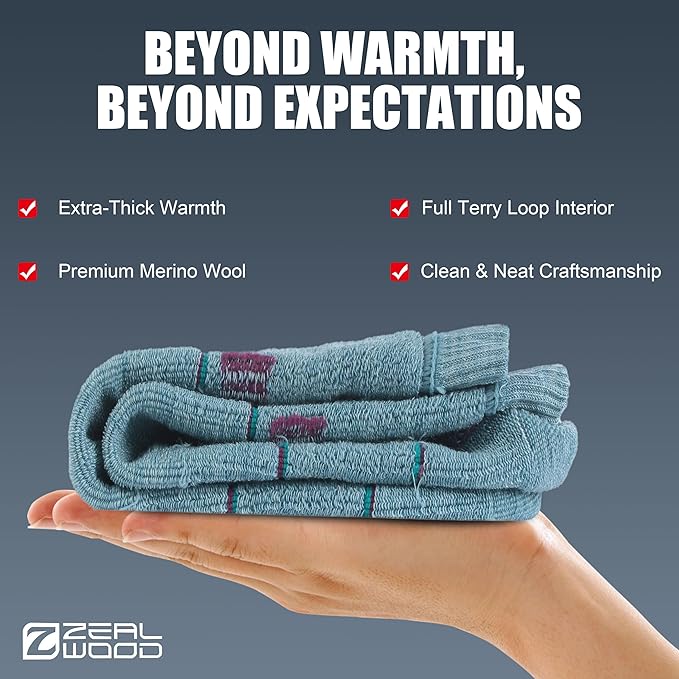 ZEAL WOOD Merino Wool Hiking Crew Socks for Men Women Comfort Full Cushion Moisture Wicking for Camping Trekking Work Outdoor