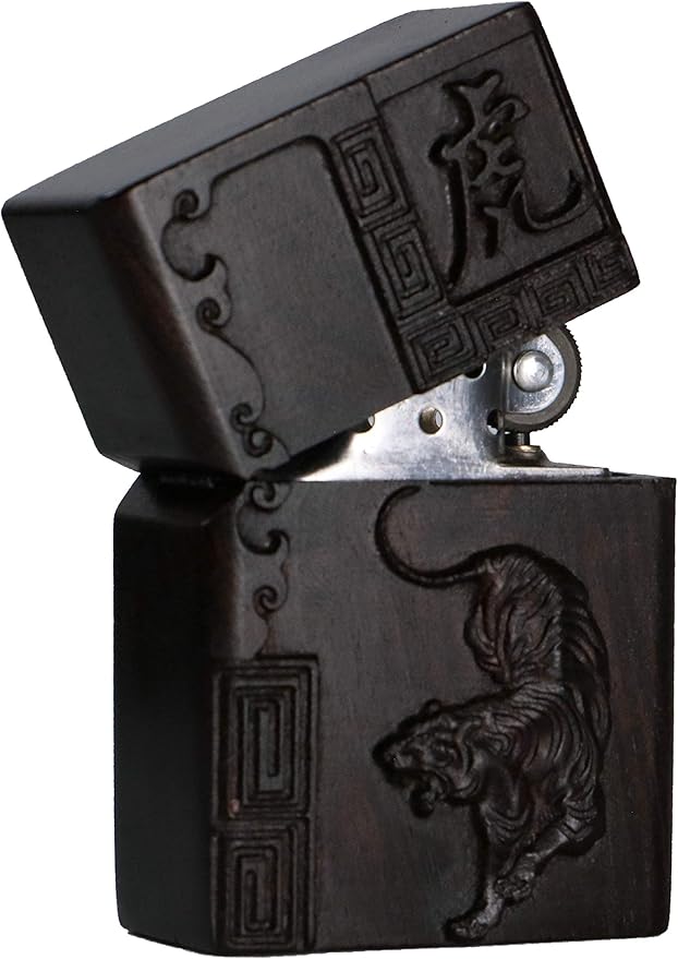Natural Ebony Black Wood Carved Lighter Shell Box For Zippo Module (Zodiac Tiger)