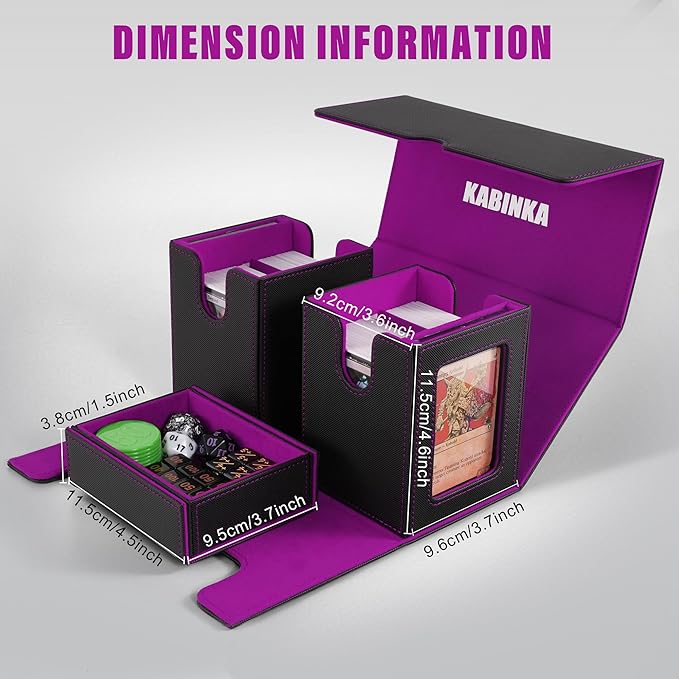 Kabinka Deck Box for MTG with Commander Display, 3 in 1 Trading Card Storage Box Fit 200 Double-sleeved Cards, Removable Deck Case for TCG/Sports Cards with 2 Magnetic Card Holders (Black Purple)