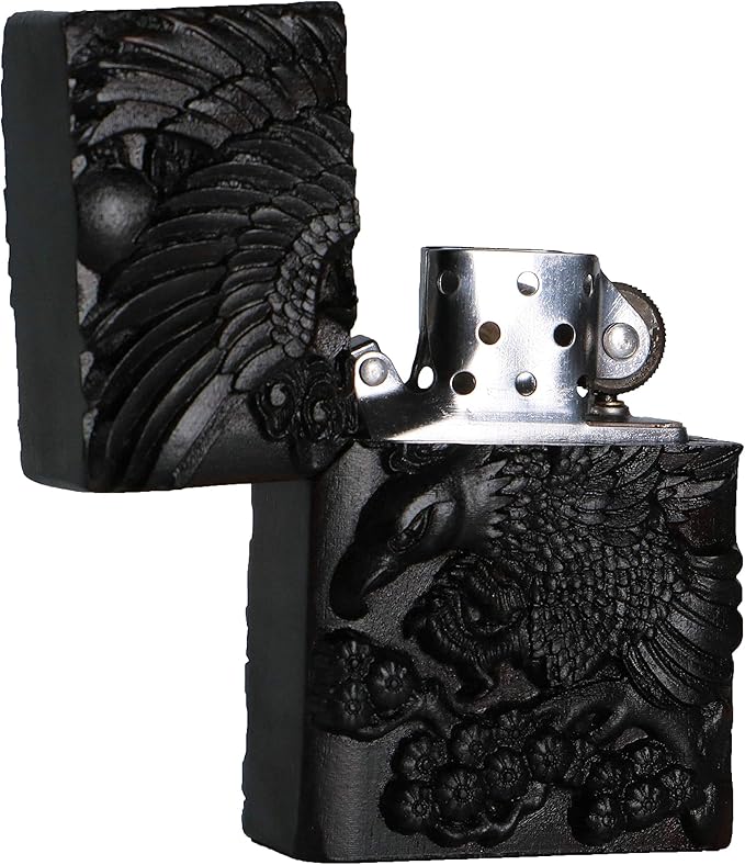 Natural Ebony Black Wood Carved Lighter Shell Box For Zippo Module (Eagle)