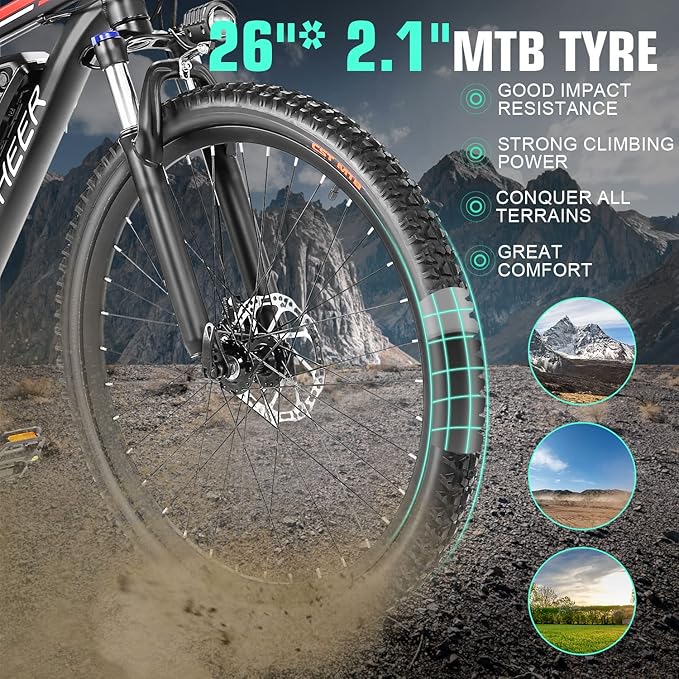 ANCHEER 500W 26" Electric Bike for Adults, [Peak 750W], 48V 499WH Battery, Up to 50 Miles, 3H Fast Charge, 21 Speed Electric Mountain Bike, 22MPH Adults Electric Bicycle