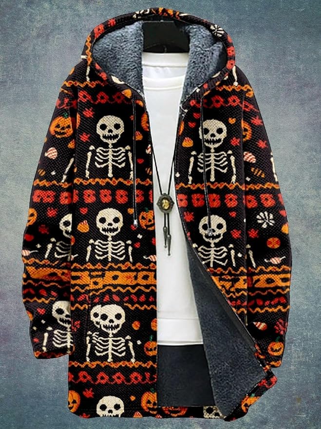 2025 Men's Ethnic Pattern Hooded Jacket Long Cardigan Hoodies Full Zip Vintage Knitted Zipper Coat with Pocket