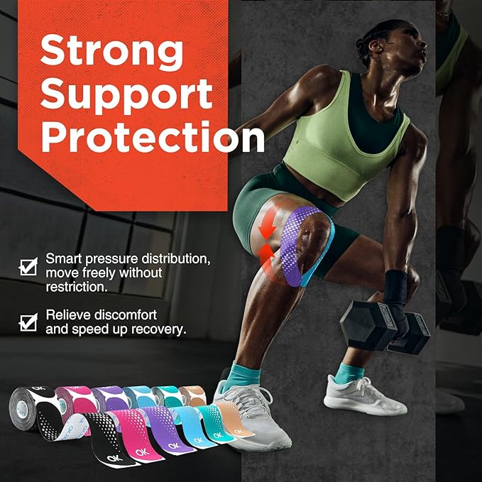 OK TAPE Synthetic Kinesiology Tape Precut Strips, Waterproof Kinesiology Athletic Tape for Joint & Muscle Support, Reflective and Durable Tape, 2in×16.4ft Roll 20PCS | Blue and Green