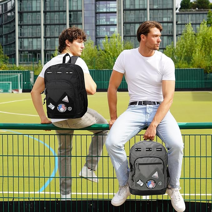 Swissdigital Design Big Student Laptop Backpack with Fun Personalized Patches For College Boys & Girls, Middle High School Teen Bookbag Cool Travel Daypack Grey- Includes 3 Patches | SD1718-03